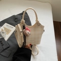Beige checkerboard tote bag with adjustable strap and cute plush bear charm decoration - Off White