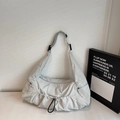 Light gray high-capacity nylon hobo bag with drawstring pockets and adjustable strap - Lime White