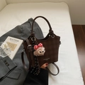 Deep brown checkerboard bucket bag with teddy charm and adjustable long shoulder strap - Coffee