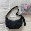Minimalist black suede hobo bag with knotted wide strap and half-moon shape design - Black