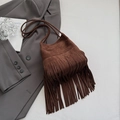 Deep brown faux suede shoulder bag with long fringe tassels and a minimalist strap - Brown