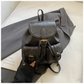 Detailed close-up of a black leather backpack with gold metal buckles and drawstring closure - Black