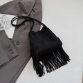 Retro black suede shoulder bag with bohemian fringe detail and long strap - Black