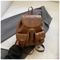 Brown vintage PU leather backpack with dual front pockets and metal buckle detail - Brown