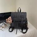 Minimalist black faux leather backpack for students with a cute brown bear charm - Black With Pendant