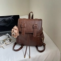 Dark brown vintage PU leather backpack for women with cute plush puppy keychain - Dark Brown With Charm
