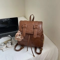 Vintage brown PU leather backpack for women with parallel straps and teddy bear charm - Light Brown With Charm