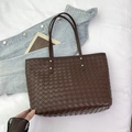 Vintage dark brown woven tote bag with metallic studs and large capacity for daily commuting - Brown