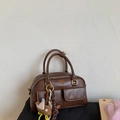 Retro brown PU leather Boston handbag with dual front pockets and cute bear charm decor - Brown with Pendant