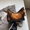 Brown suede hobo bag with diamond quilting, black leather trim and beaded charm - Brown with Pendant