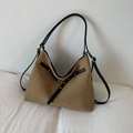 Bolso tote retro de gamuza caqui con correas de cuero negro y hebillas de metal - Caqui