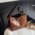 Dark brown retro PU leather tote bag with brass buckle detail and long shoulder strap - Brown