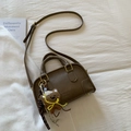 Dark brown leather crossbody square bag with ZSKEK text and cute bear charm pendant - Beige Khaki With Charm