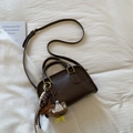 Vintage dark brown square crossbody bag with plush bear charm and gold hardware - Coffee with Pendant