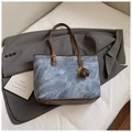 Vintage large tote bag with blue marble texture and brown leather straps for women - Blue