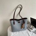 Minimalist light gray canvas tote bag with dark brown leather straps and wooden bead charm - Style With Charm / Blue