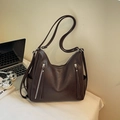Dark brown large capacity faux leather hobo bag with silver zippers and tassels - Brown