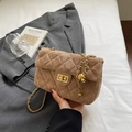 Brown suede-texture quilted flap bag with golden chain strap and chic turn-lock - Khaki
