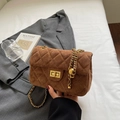 Brown suede crossbody bag with quilted diamond pattern and golden chain strap - Brown
