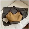 Retro khaki canvas and brown leather trim large tote bag for daily office commute - Brown No Pendant