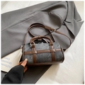 Mini bolso cilíndrico retro en denim gris con ribete de cuero marrón y correas cruzadas - Negro (Sin Colgante)
