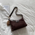 Minimalist dark brown matte tote bag with fuzzy charm and gold hardware for women - Brown