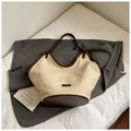 Large capacity canvas tote bag in cream white with dark brown leather trim and shoulder strap - Rice White (No Pendant)