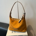 Chic camel faux suede tote bag with brown leather strap and vintage beaded charm - Brown with Pendant