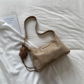 Minimalist khaki suede tote bag with brown plush bear charm and metallic brand plate - Khaki