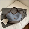 Large misty blue canvas tote bag with brown leather trim and curved opening detail - Dark Blue Without Pendant