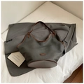 Minimalist large capacity shoulder tote bag in dark grey green and brown leather accents - Black without Pendant