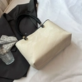 Elegant off-white large capacity tote bag with black slim handles and gold hardware - No Pendant / White
