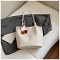 White woven tote bag with bicolor pompom charm on grey suit for casual autumn style - White with Pendant