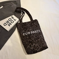 Deep brown leopard print canvas tote bag with white Fun Party lettering and dual straps - Gray