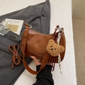 Vintage brown shoulder bag with plush bear charm and adjustable strap for women - Brown with Pendant
