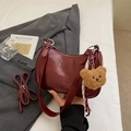 Vintage burgundy half-moon shoulder bag with teddy bear pendant and silk scarf decoration - Wine Red With Pendant