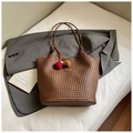 Brown woven tote bag with shoulder straps and decorative plush charms in retro style - Coffee with Pendant