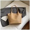Vintage woven bucket tote bag in light brown finish with slim shoulder straps - Khaki (No Pendant)