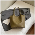 Olive green woven tote bag with premium leather texture and large capacity design - Green Without Pendant