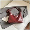 Vintage burgundy glossy patent leather shoulder bag with stylish knot strap detail - Wine Red With Pendant