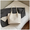 White woven tote bag with large capacity and textured leather for casual commuting - White Without Pendant