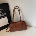 Sac baguette vintage en cuir marron avec double poignée et fermeture éclair argent - Sans pendentif / Marron Jaune