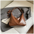 Brown vintage oil wax leather hobo bag with knot handle and long shoulder strap - Brown with Pendant