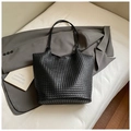 Classic black woven texture large tote bag with elegant shoulder straps for women - Black without Pendant