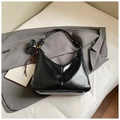 Vintage black patent leather shoulder bag with knot strap and adjustable crossbody belt - Black with Pendant