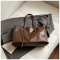 Minimalist brown PU leather tote bag with pleated texture for stylish office commute - No Pendant / Brown