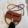 Brown leather rectangular crossbody bag with vintage gold buckle and slim shoulder strap - Brown