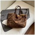 Chic leopard print canvas tote bag with leather patch label for autumn commuting - Brown Leopard Print