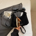 Black crescent hobo bag with wooden bead charm and bow handle for women fashion - With Charm / Black