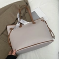 Chic beige lychee leather tote bag with brown trim and fashion silk scarf detail - Gray